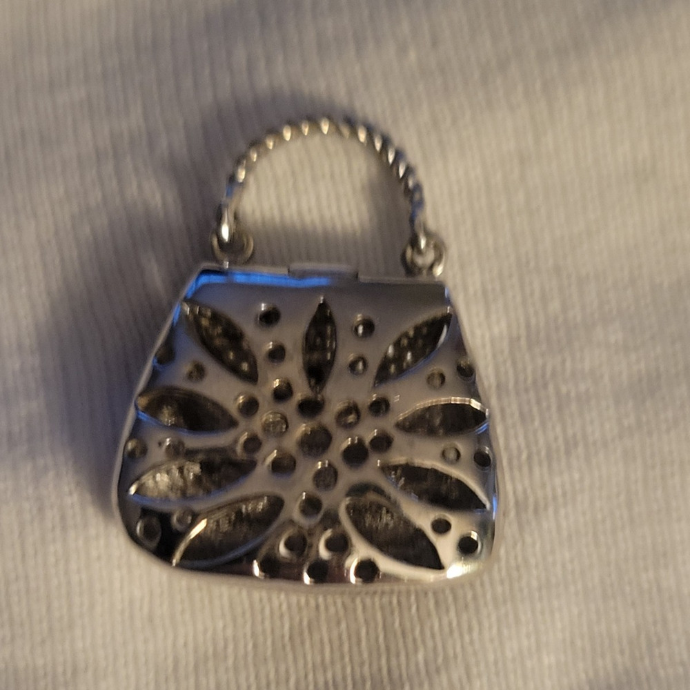 Bag Charm -Mini Designer Bag shiny silver toned CZ stones NICE! 925 FAS IT OPENS - Picture 4 of 6